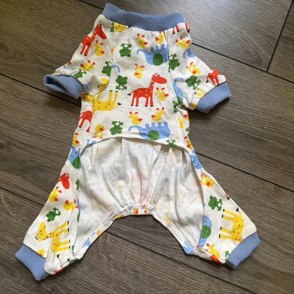Small Pet Pajamas Dog Onesie Animal Print Giraffe Elephant Blue White S